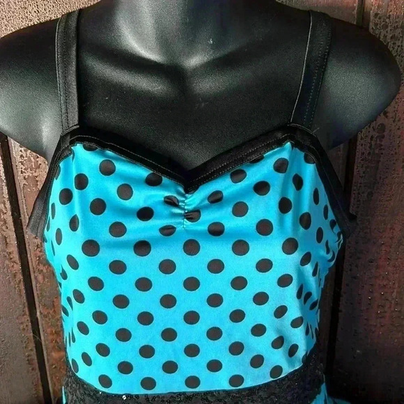 Polka Dot Turquoise & Black Dance Halloween Costume Dress with Tulle Tutu Skirt - Picture 2 of 8